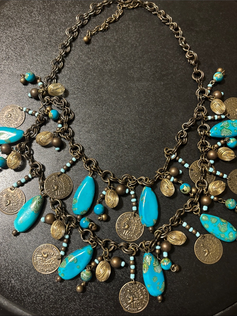 Faux Turquoise Teardrop French Coin Cha Cha Multi-Charm Statement Necklace